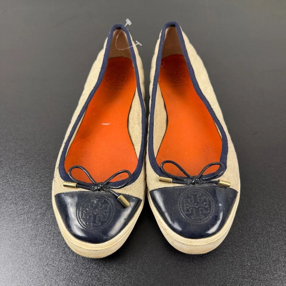 Tory Burch Ballet Flats Women's 10B Beige Blue Cap Toe Slip-On Career Casual